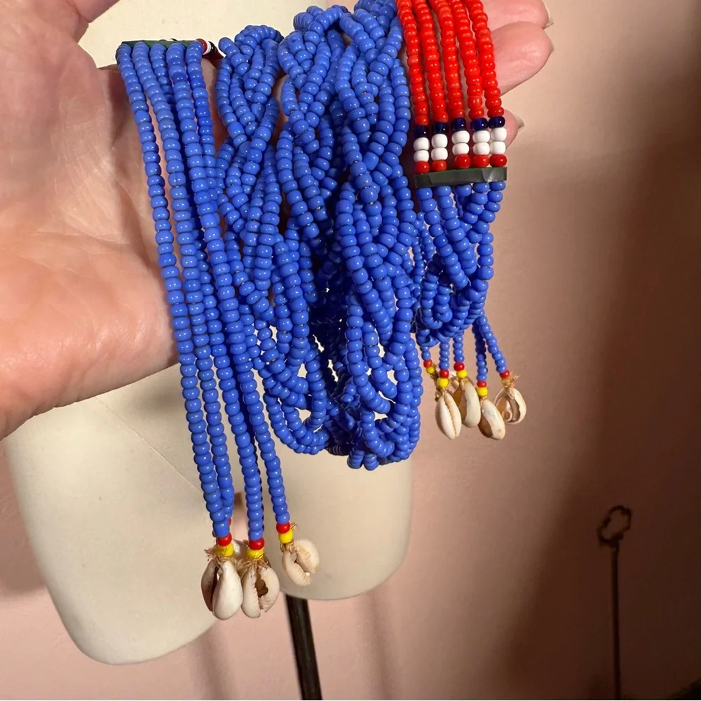 Vintage southwestern red blue Beaded Belt necklace shell tassels adjustable